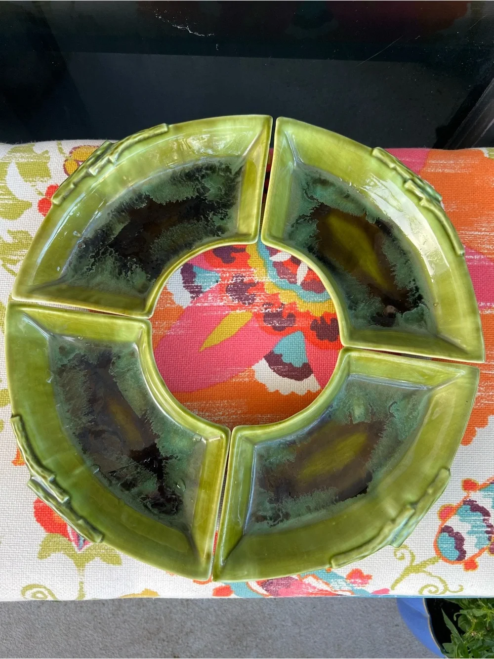 Vintage Wade California 504 Green Drip Glaze Bamboo Snack Serving Trays Set of 4